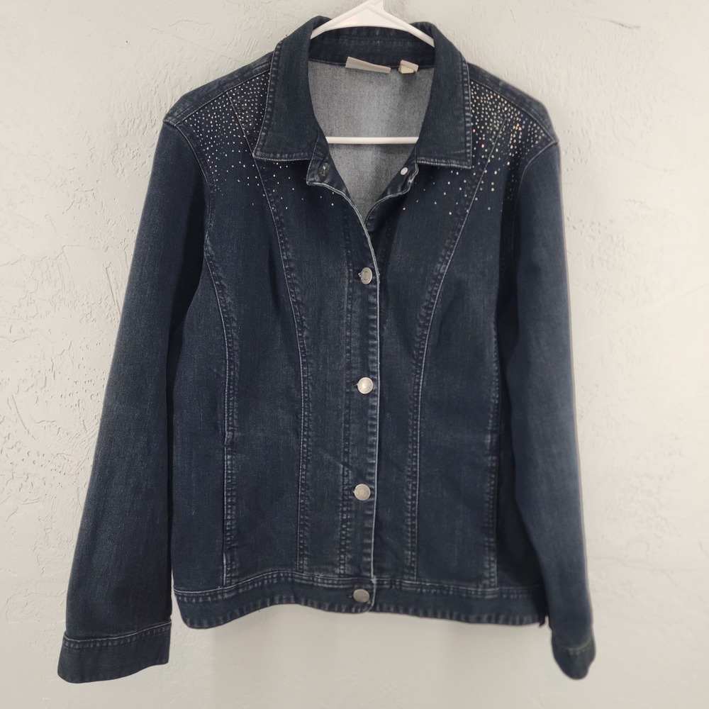 Chico's Size 2 Large Dark Wash Denim Button Up Jacket Classic Casual Womens